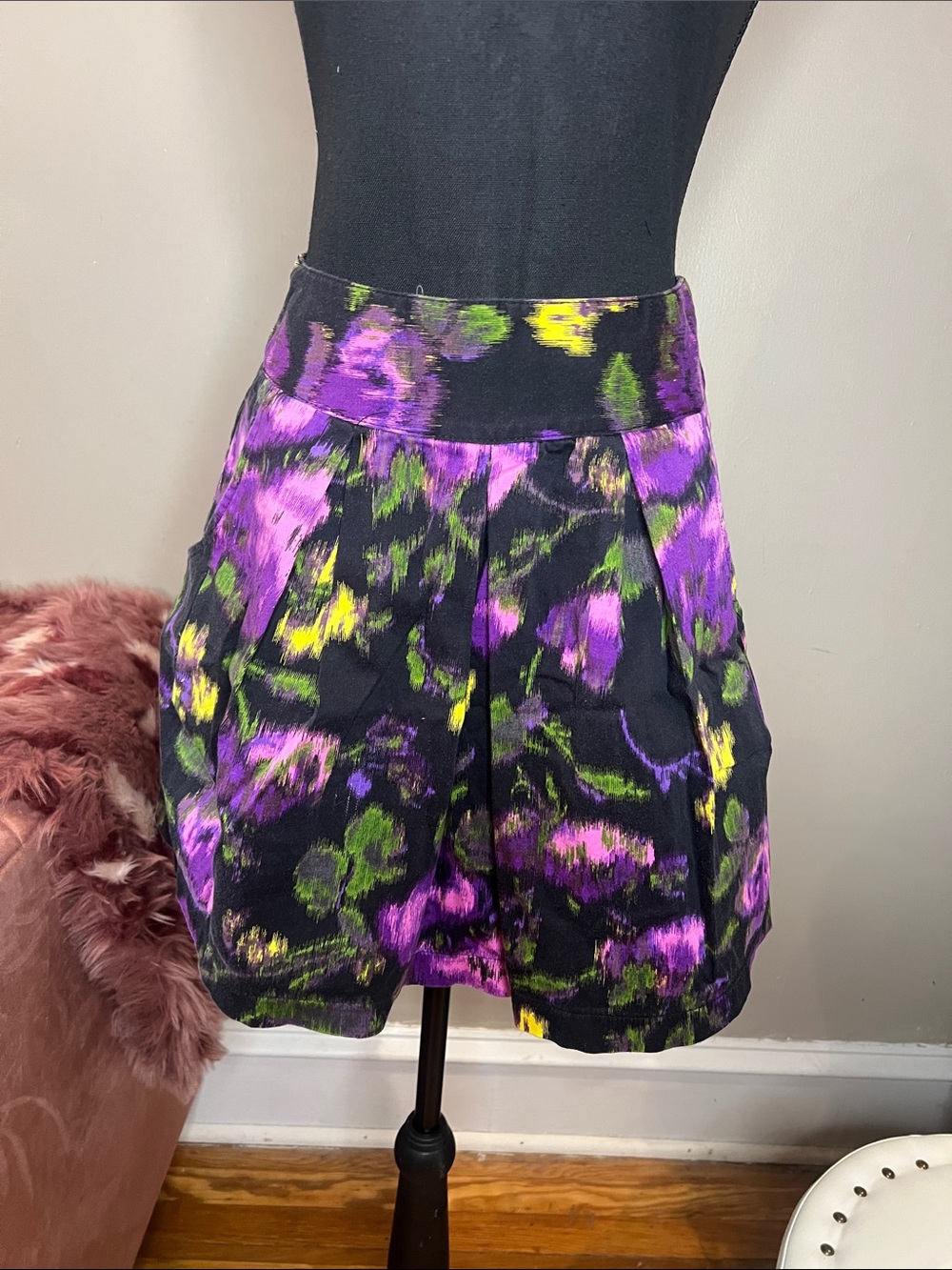 Women’s Black Floral Pleated Skirts - Purple & Green Accent from Urban Outfitter